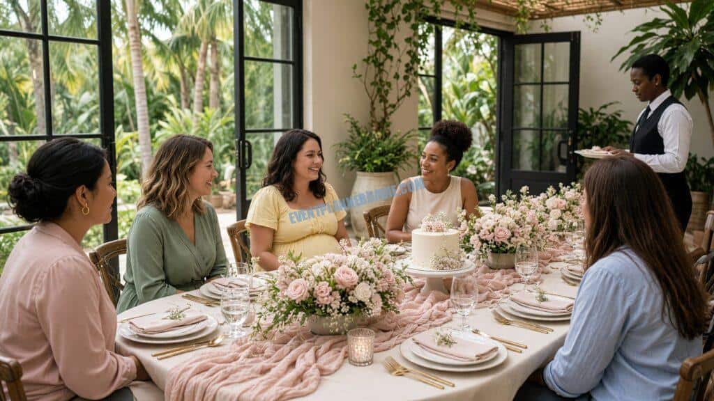 women seated around a baby shower table