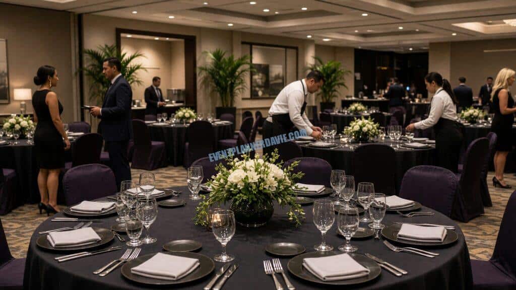 staff setting round tables in a conference hall