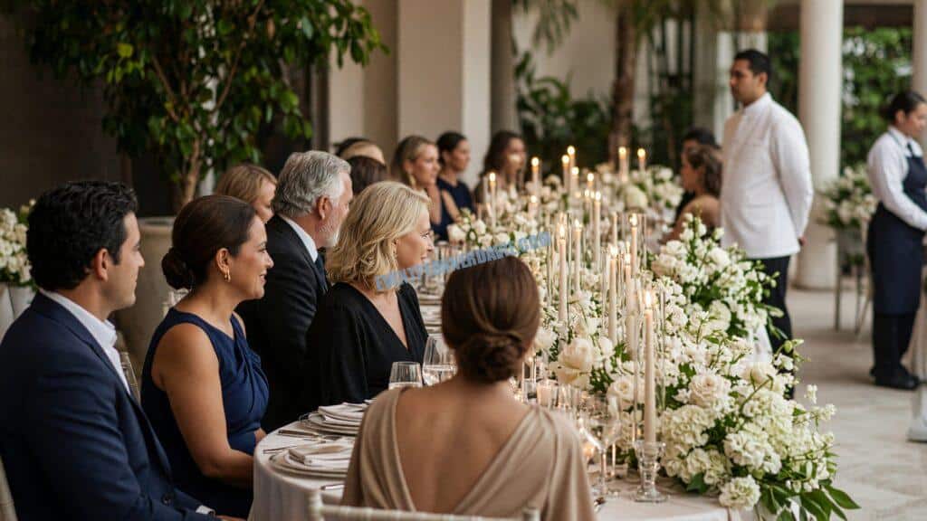 guests seated at a candlelit dinner