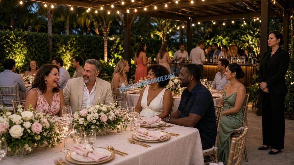 guests gathered around a decorated party table