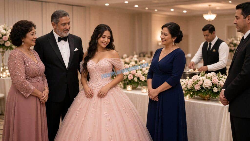 teenage girl in a formal gown standing with family