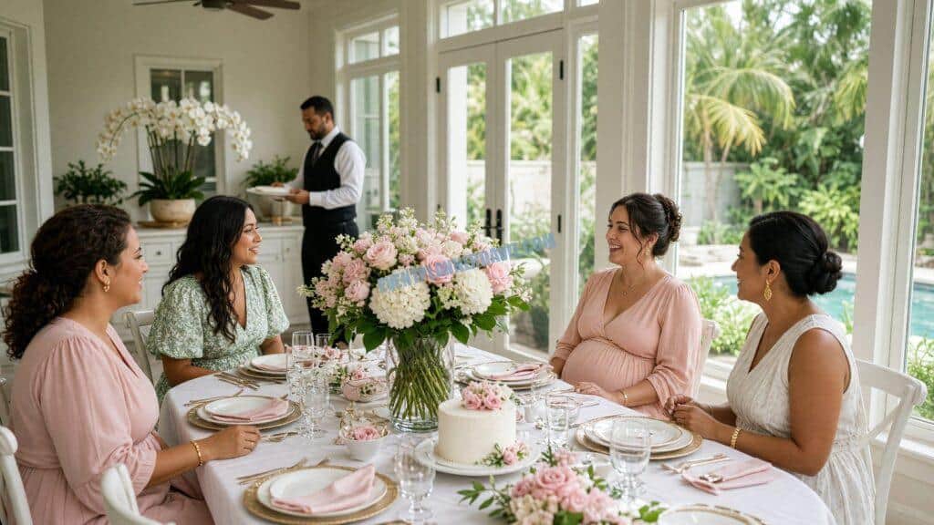 women seated at a shower table with a waiter nearby