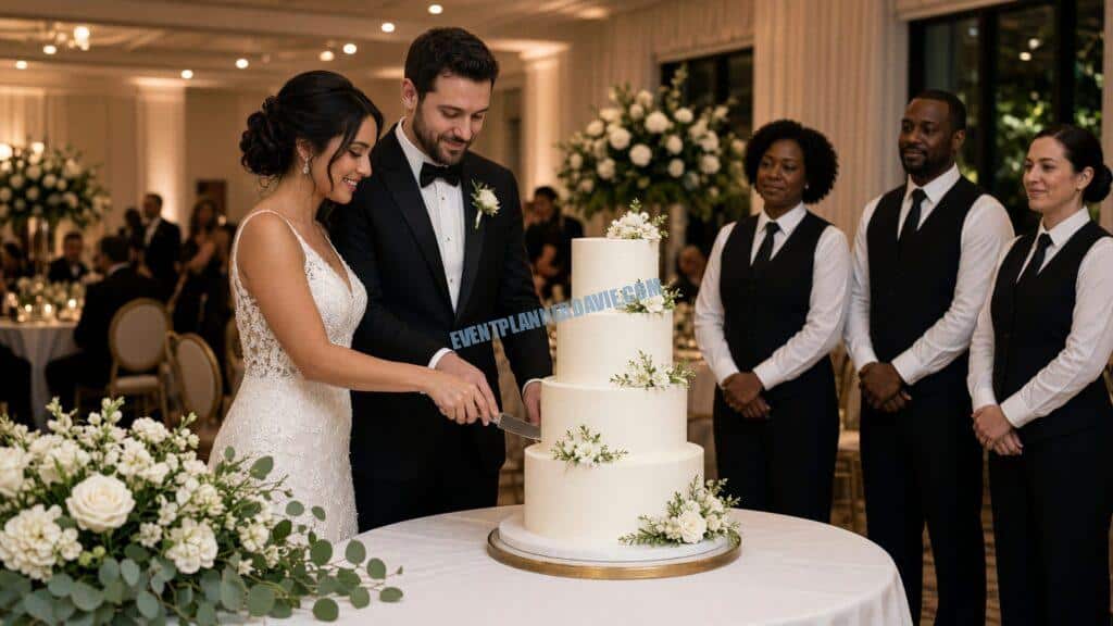 bride and groom cutting a cake