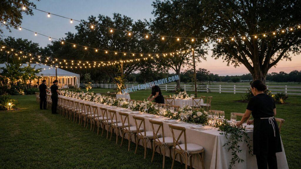 staff setting a long outdoor dinner table at dusk