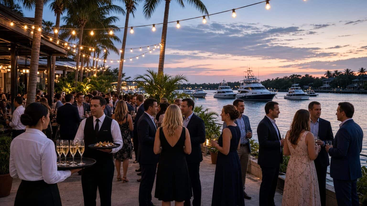 guests at an outdoor waterfront cocktail hour