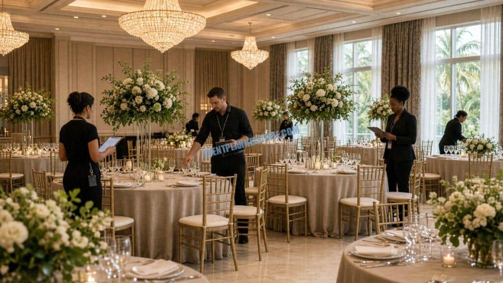staff setting tables in a ballroom