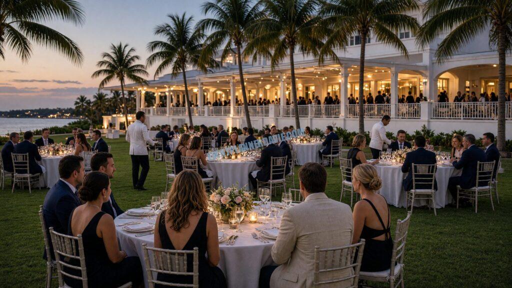 guests seated at an outdoor evening reception