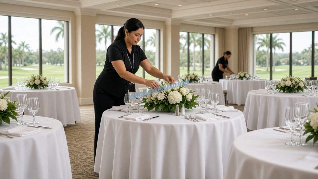 staff setting tables in a club ballroom