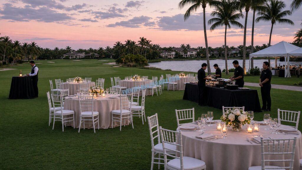 an outdoor reception on a golf-course lawn