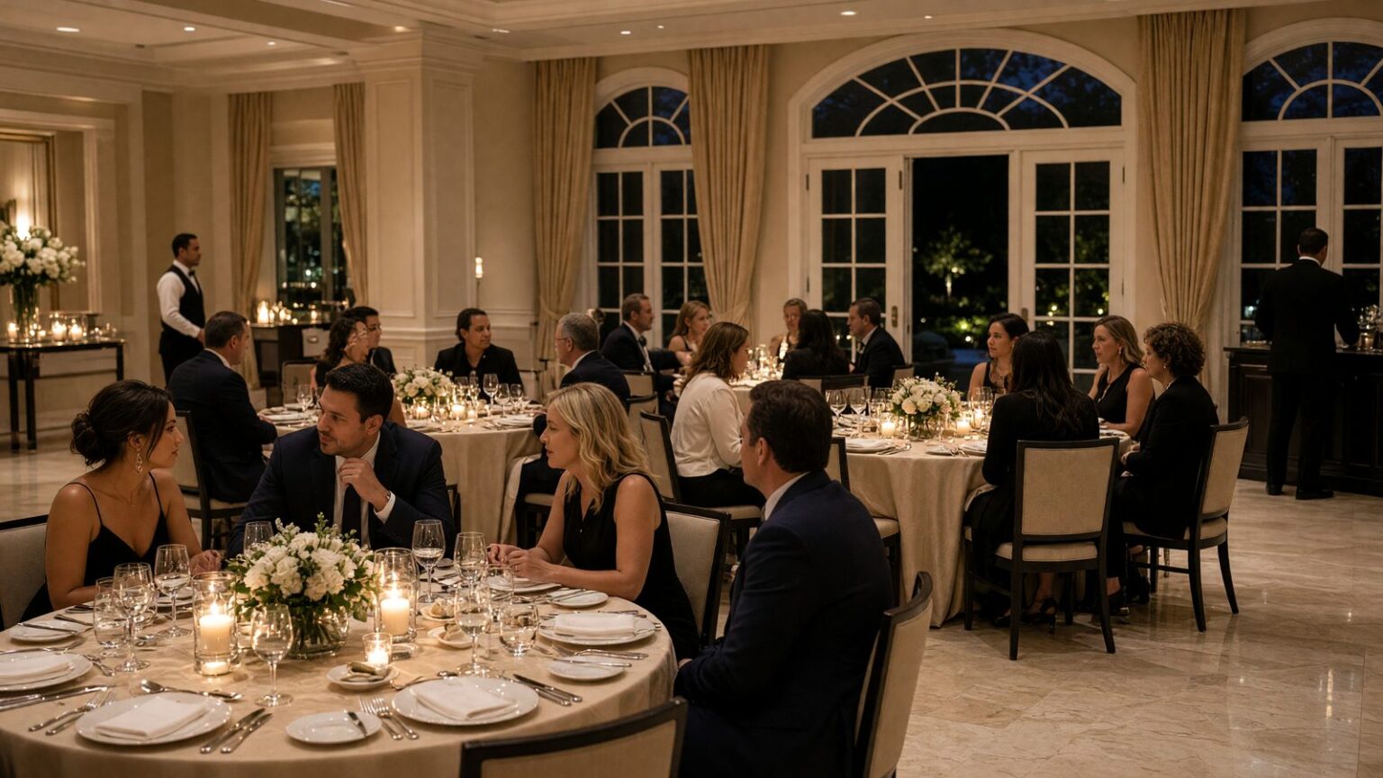 guests seated in a clubhouse dining room