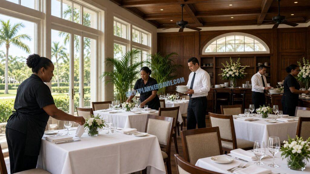 staff preparing a country-club dining room